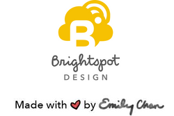 Brightspot Design logo with a yellow cloud and 'B' on a white background, featuring the text 'Made with love by Emily Chan'.
